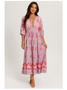 Oliphant Pink Embroidered Maxi Dress XS Short Sleeve spring wedding guest dress